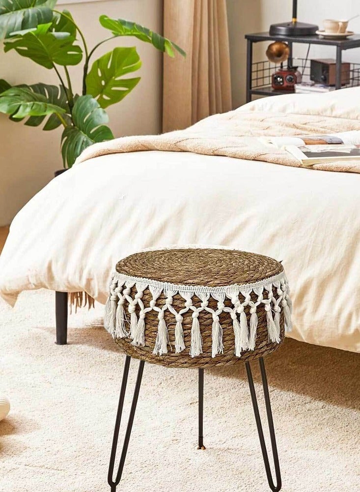 LINGWEI Natural Jute Ottoman Stool with Metal Legs – Pastoral Style Footstool, Round Pouffe for Bedroom, Hallway, Living Room 32 x 45 Cm - Image 1