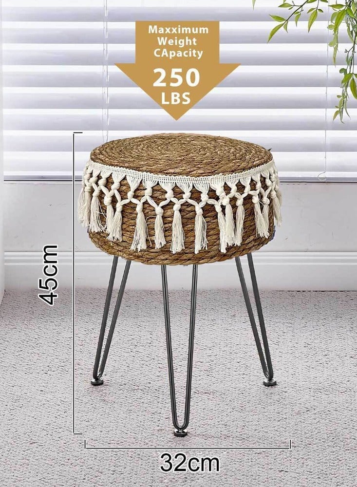 LINGWEI Natural Jute Ottoman Stool with Metal Legs – Pastoral Style Footstool, Round Pouffe for Bedroom, Hallway, Living Room 32 x 45 Cm - Image 2
