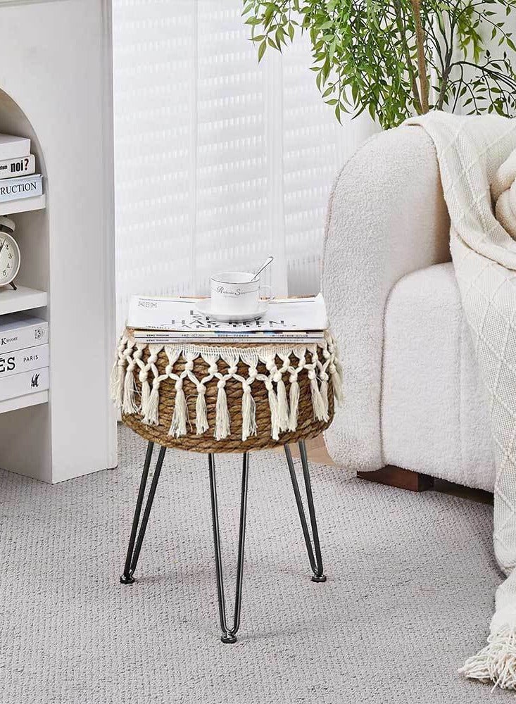 LINGWEI Natural Jute Ottoman Stool with Metal Legs – Pastoral Style Footstool, Round Pouffe for Bedroom, Hallway, Living Room 32 x 45 Cm - Image 4