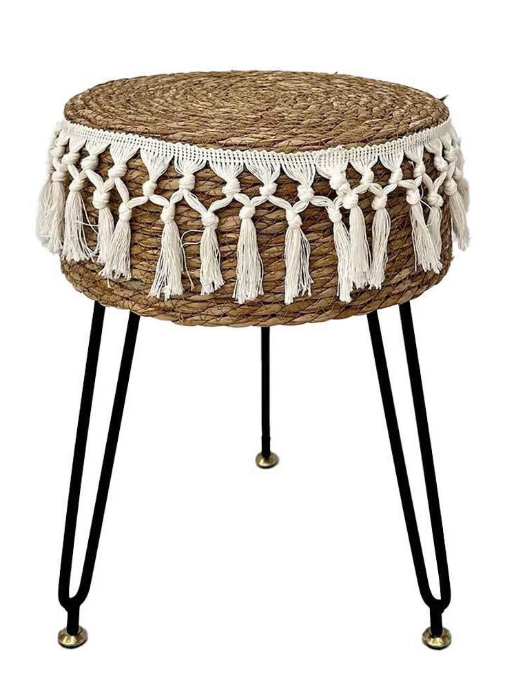 LINGWEI Natural Jute Ottoman Stool with Metal Legs – Pastoral Style Footstool, Round Pouffe for Bedroom, Hallway, Living Room 32 x 45 Cm - Image 3