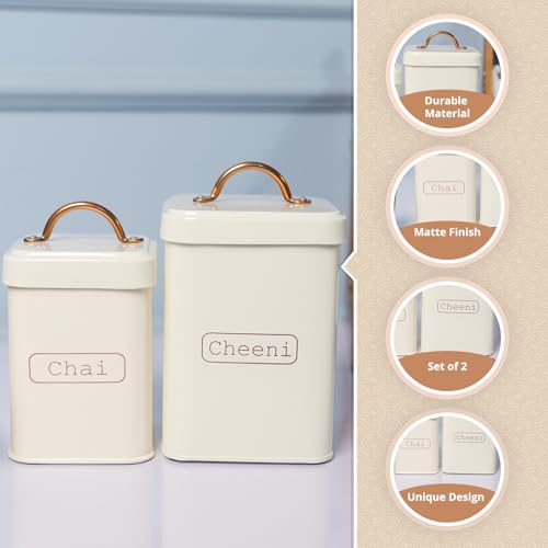 MARKET 99 Metal Chai & Cheeni Storage Jar Set of 2 (1000 ML & 1700 ML) | White Kitchen Containers | Tea and Sugar Storage Canisters | Stylish Food Storage Jars for Kitchen Organization - Image 2