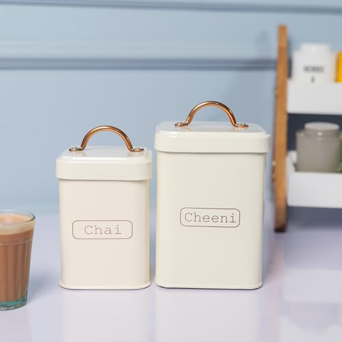 MARKET 99 Metal Chai & Cheeni Storage Jar Set of 2 (1000 ML & 1700 ML) | White Kitchen Containers | Tea and Sugar Storage Canisters | Stylish Food Storage Jars for Kitchen Organization - Image 1