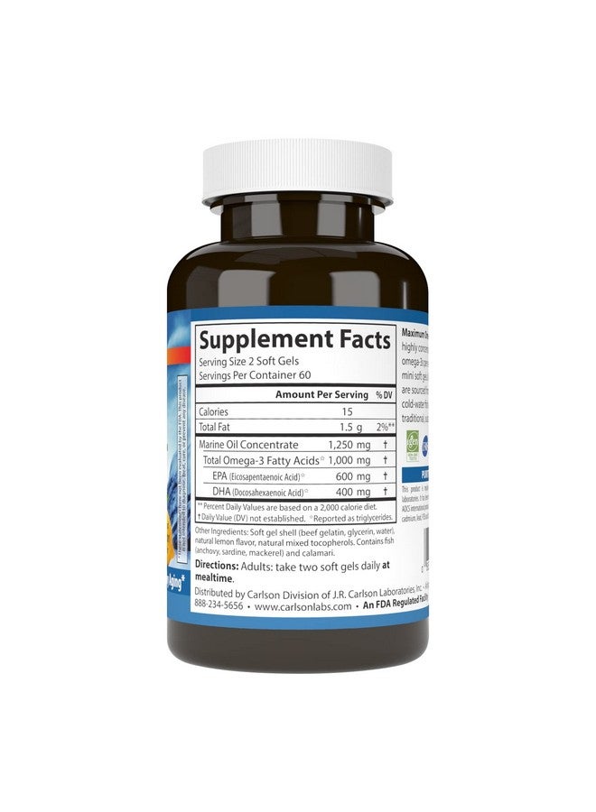Carlson كارلسون - أوميغا ماكسيموم ميني، 1000 ملغ أوميغا-3، دعم وظيفة القلب، دعم الدماغ والشيخوخة الصحية، ليمون، 120 كبسولة لينة صغيرة - Image 2