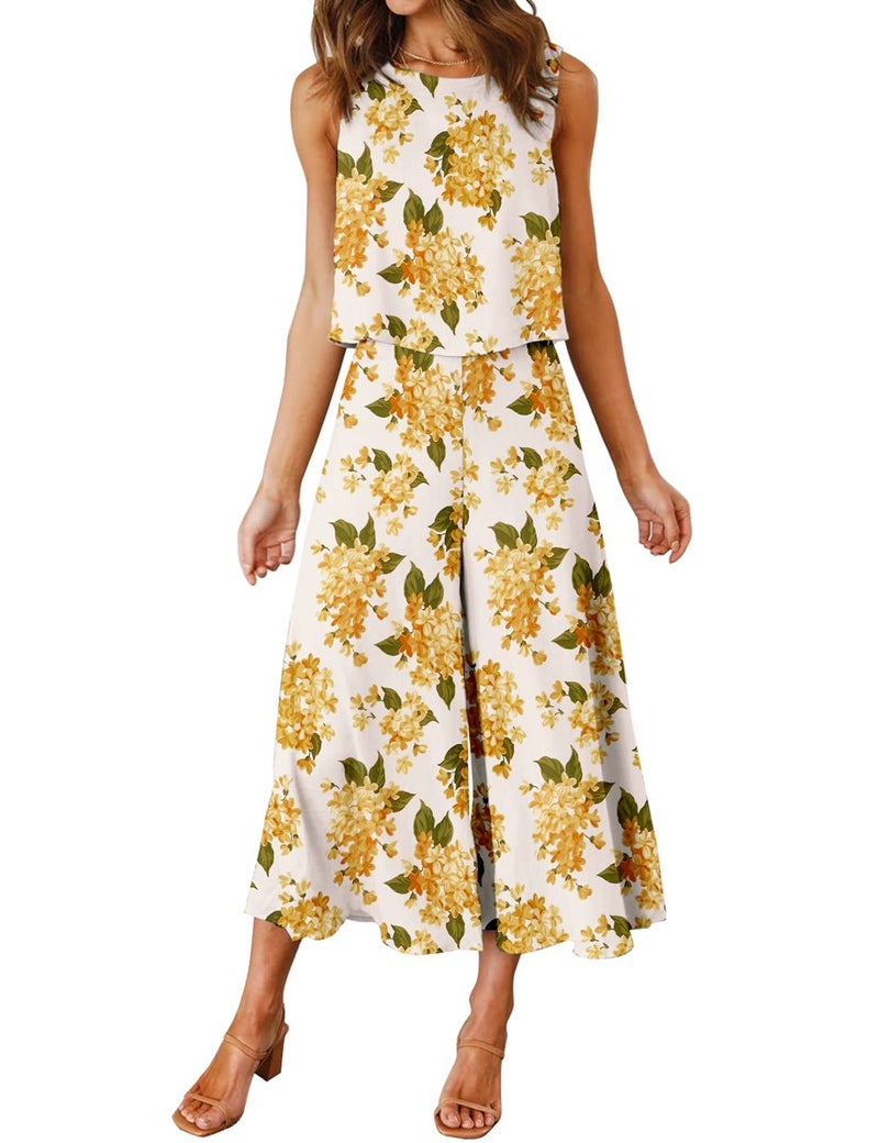 ROYLAMP Women's Summer 2 Piece Outfits Round Neck Crop Basic Top Cropped Wide Leg Pants Set Jumpsuits White Floral Big XX-Large - Image 1