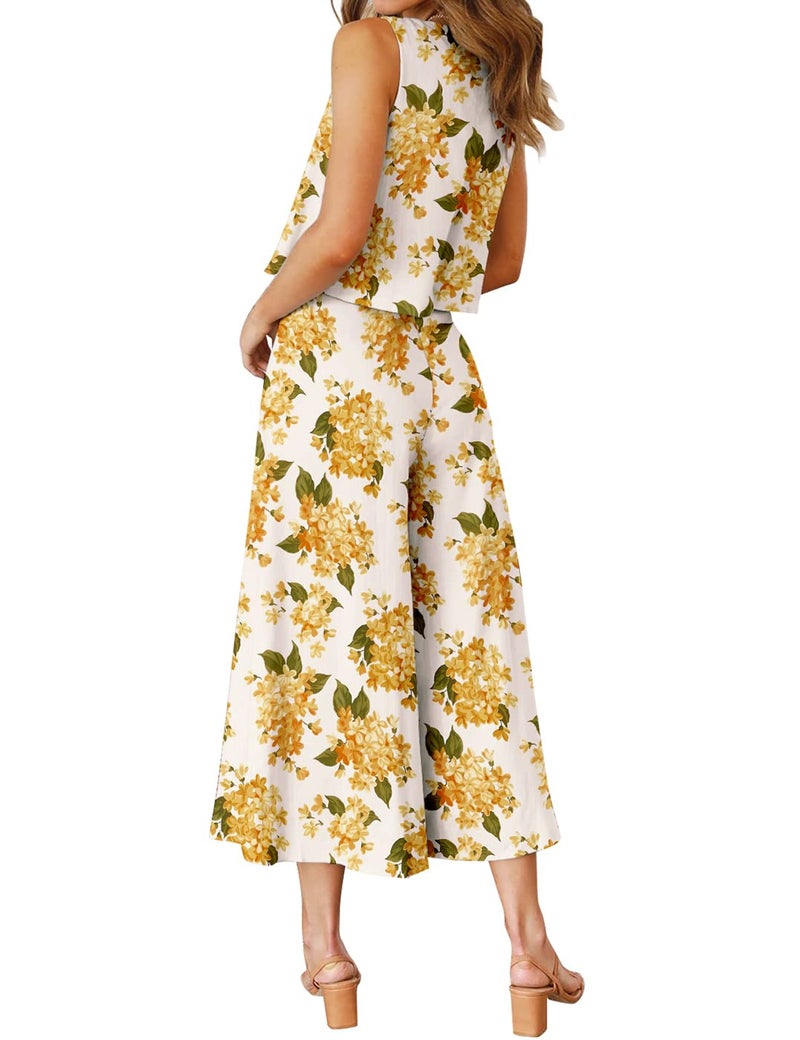 ROYLAMP Women's Summer 2 Piece Outfits Round Neck Crop Basic Top Cropped Wide Leg Pants Set Jumpsuits White Floral Big XX-Large - Image 3