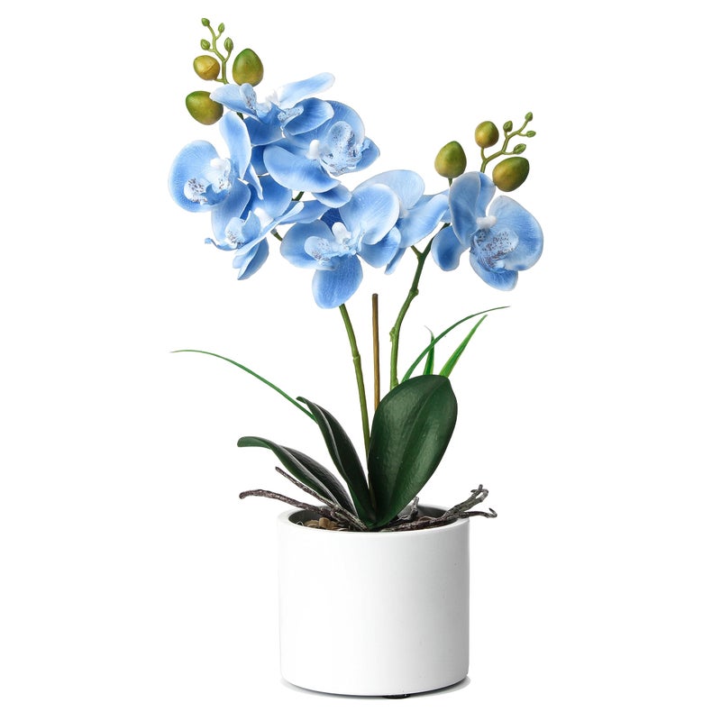 Jusdreen 1 Pcs Ceramic Vase Artificial Orchid Flower Bonsai Vivid Phalaenopsis Flowers Potting for Home Office DcorTable Centerpiece Room Decorations 145 INCH Ceramic PotBlue Orchid
