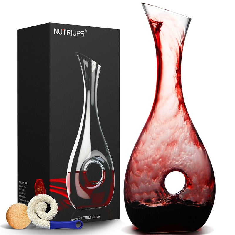 NUTRIUPS Nutriups Hand Blown Crystal Wine Decanter  Classic Pierced Design Luxury Wine Carafe 