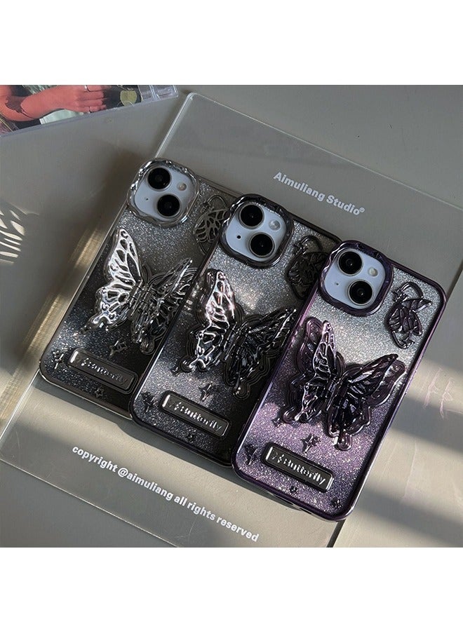 BUTTERFLY Compatible with iPhone15 Case,Gradation Glitter and Super Cool Metallic feel 3D Butterfly With fully wrapped edge protects the phone case Girly Phone Case for Women Black - Image 5