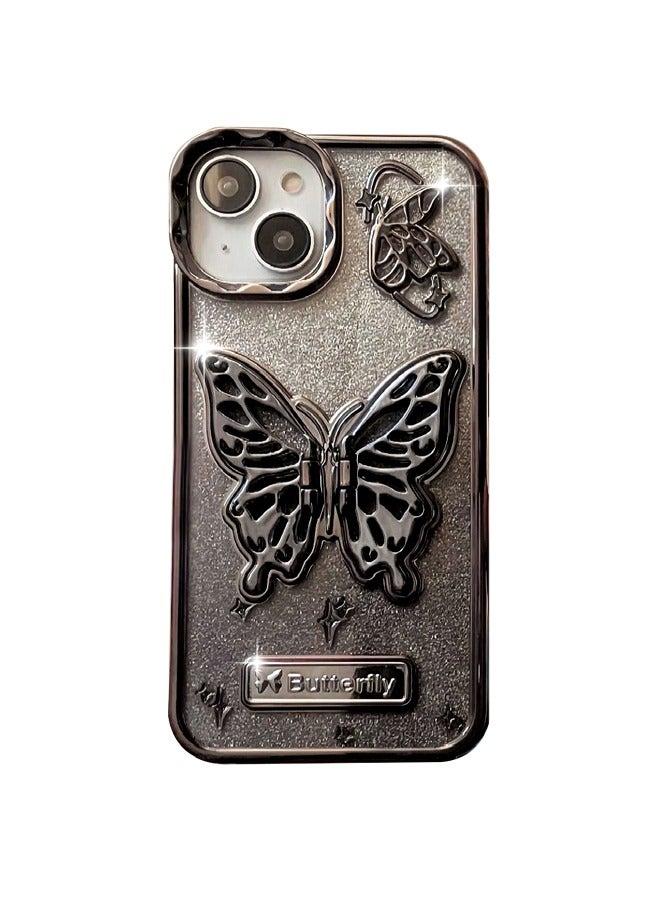 BUTTERFLY Compatible with iPhone15 Case,Gradation Glitter and Super Cool Metallic feel 3D Butterfly With fully wrapped edge protects the phone case Girly Phone Case for Women Black - Image 1