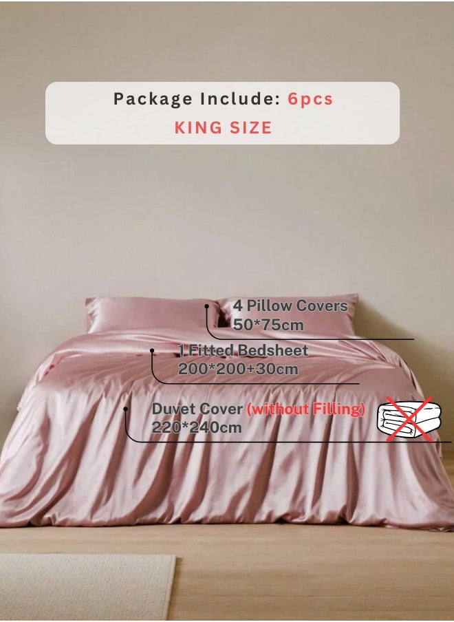 LUNA Home - Silky Satin King Size 6 Piece Duvet Cover Set Plain Pink - Image 1