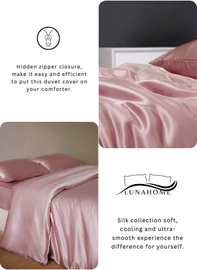 LUNA Home - Silky Satin King Size 6 Piece Duvet Cover Set Plain Pink - Image 1