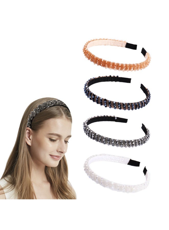 4 Pcs Crystal Rhinestone Pearl Headbands for Women Girls Beaded Hairbands Imitation Diamond Embellished Hair Hoop Party Wedding Headpiece Glitter Thick Padded Hair Accessories