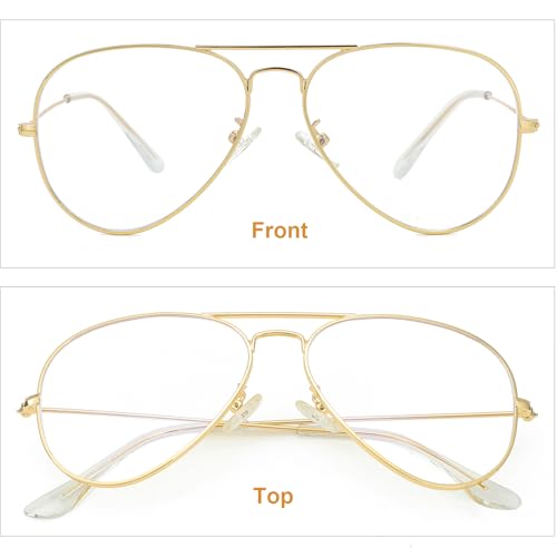 Gleyemor Classic Aviator Blue Light Glasses for Women Men, Metal Frame Clear Lens Eyeglasses (Gold) - Image 2