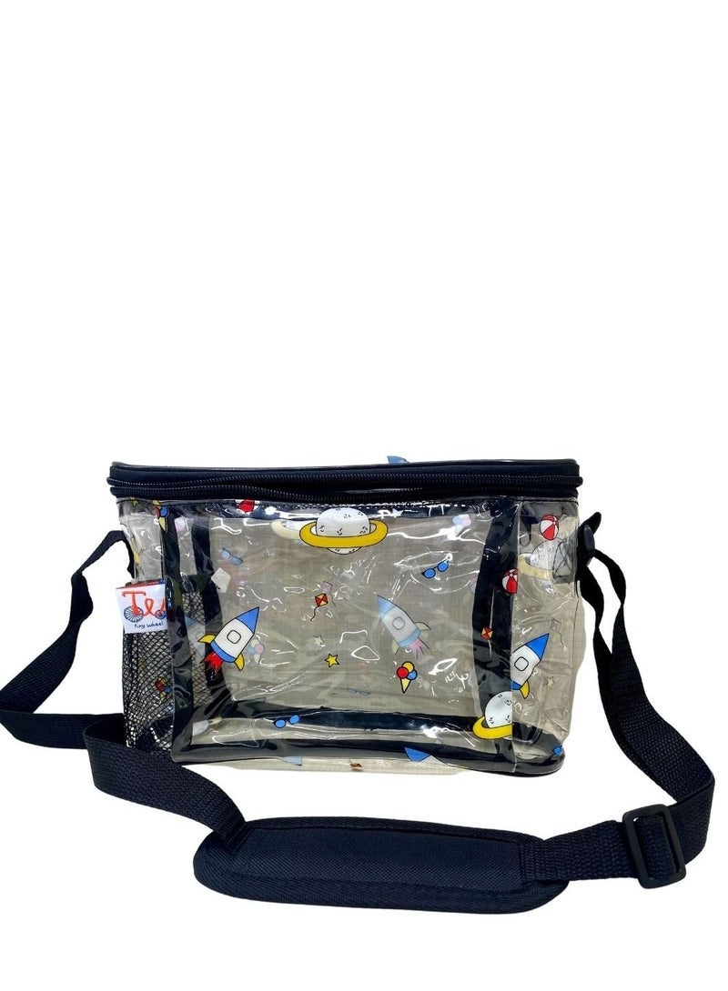 Tiny Wheel Kids Clear PVC Space Lunch Bag Black, Transparent Meal Bag with Carrying Strap & Side Mesh Bottle Pocket, Easy to Clean for School - Image 1