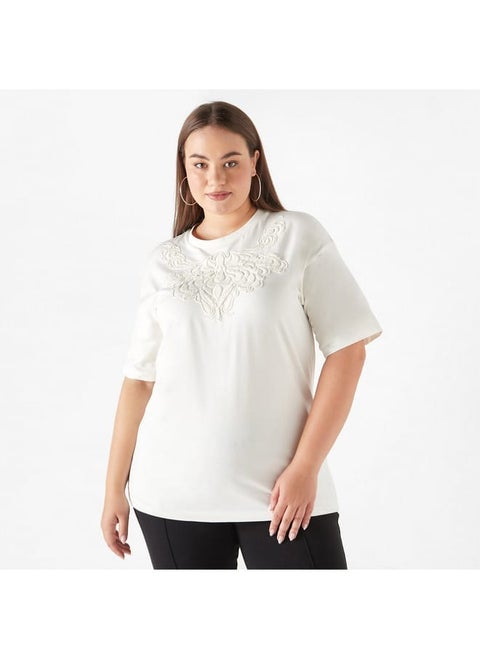 Plus Size Ulla Popken Embroidered Top with Short Sleeves and Round Neck