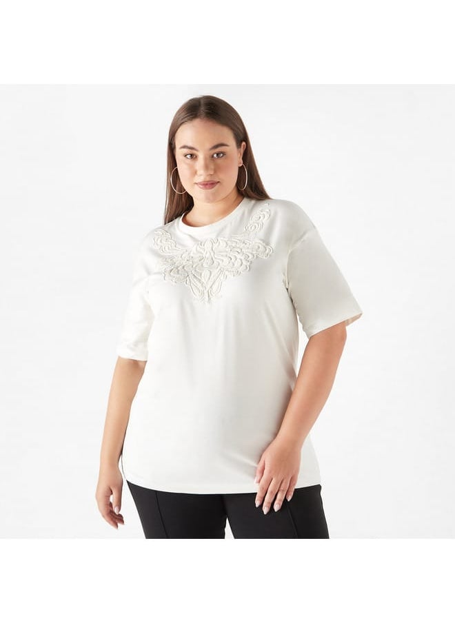Ulla Popken Plus Size Ulla Popken Embroidered Top with Short Sleeves and Round Neck  - Image 1