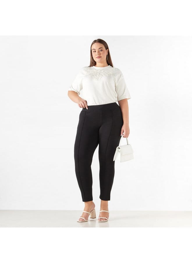 Ulla Popken Plus Size Ulla Popken Embroidered Top with Short Sleeves and Round Neck  - Image 2