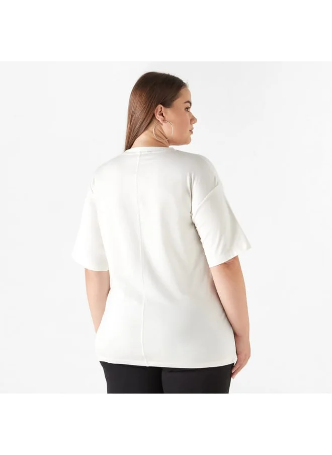 Ulla Popken Plus Size Ulla Popken Embroidered Top with Short Sleeves and Round Neck
