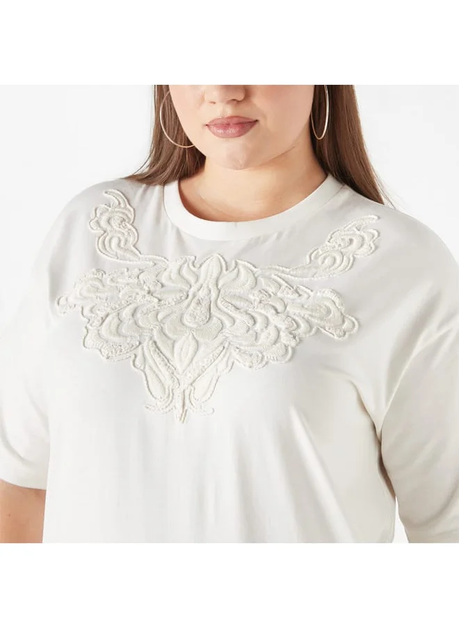 Ulla Popken Plus Size Ulla Popken Embroidered Top with Short Sleeves and Round Neck