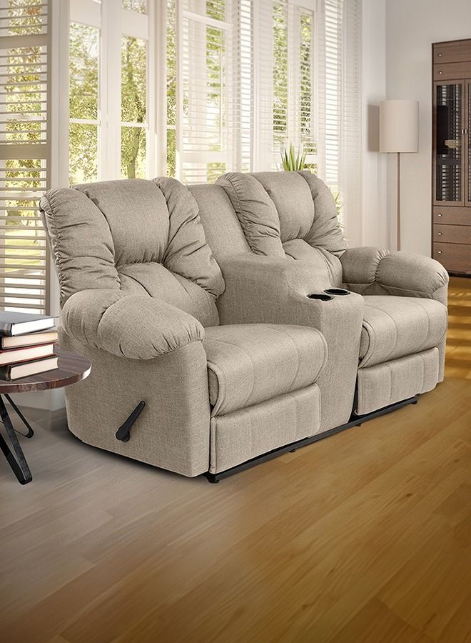 AMERICAN POLO Double Linen Upholstered Recliner Chair with Cups Holder - Light Beige - 205x100x85cm - Image 1