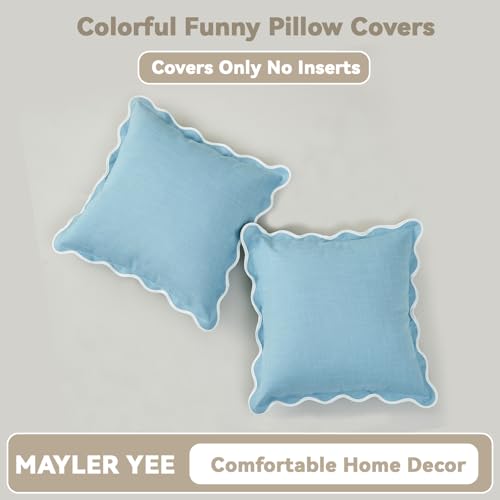 Mayler Yee Scalloped Throw Pillow Covers Set of 2 for Living Room, Cotton & Linen, Boho Sytle Decorative Home. Fabric Feels a Little Stiff, Because Scalloped Edges Require (Blue, 18x18 Inch) - Image 4