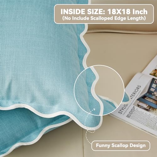 Mayler Yee Scalloped Throw Pillow Covers Set of 2 for Living Room, Cotton & Linen, Boho Sytle Decorative Home. Fabric Feels a Little Stiff, Because Scalloped Edges Require (Blue, 18x18 Inch) - Image 2