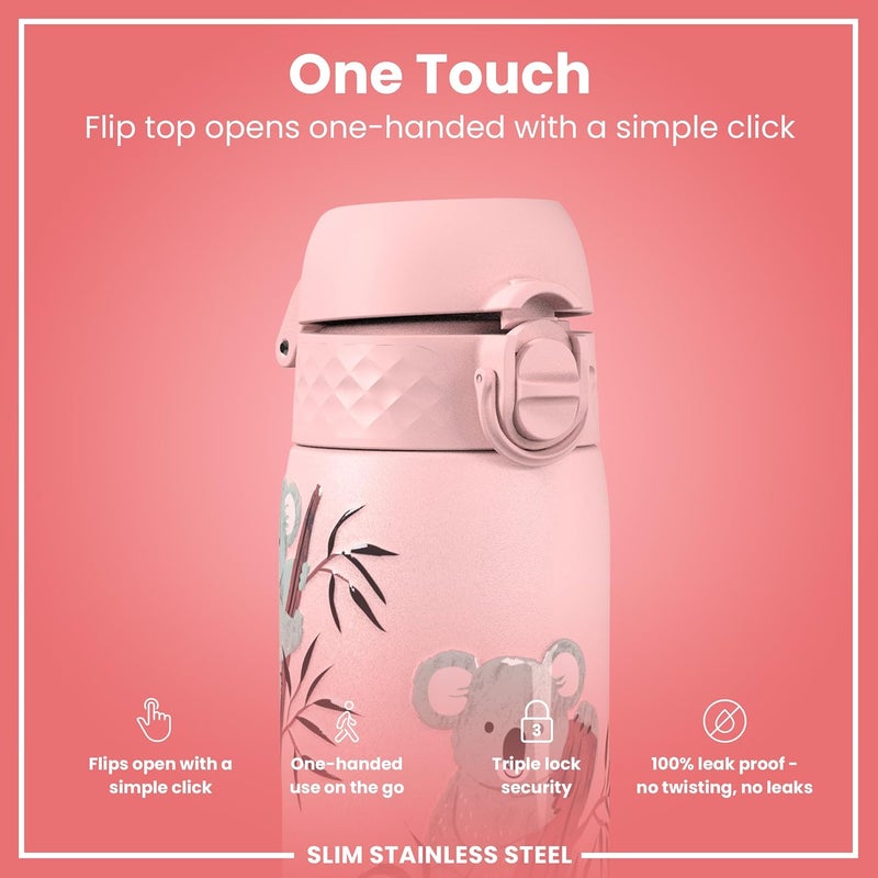 ion8 Lightweight Steel Water Bottle 600 ml Non-Insulated Leak-Proof One-Handed Opening Secure Locking Dishwasher Safe Flip Lid Carry Handle Easy to Clean Koalas - Image 2