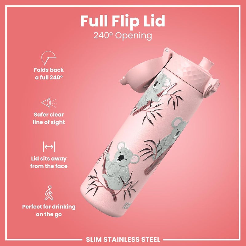 ion8 Lightweight Steel Water Bottle 600 ml Non-Insulated Leak-Proof One-Handed Opening Secure Locking Dishwasher Safe Flip Lid Carry Handle Easy to Clean Koalas - Image 3