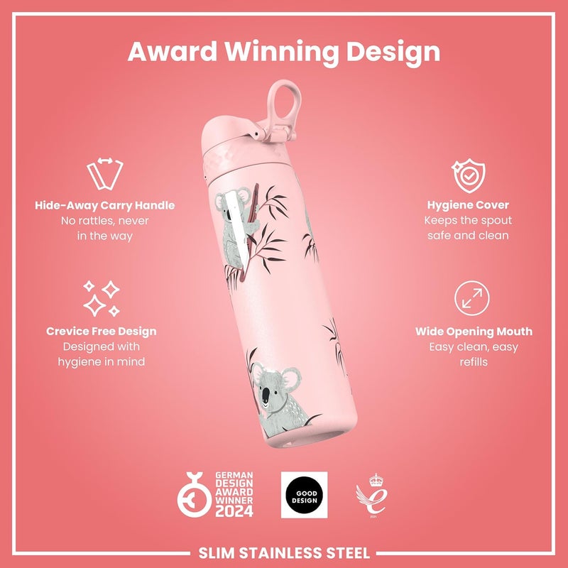 ion8 Lightweight Steel Water Bottle 600 ml Non-Insulated Leak-Proof One-Handed Opening Secure Locking Dishwasher Safe Flip Lid Carry Handle Easy to Clean Koalas - Image 5