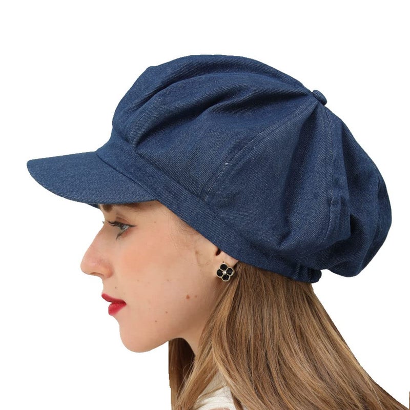 BEYLRZID Womenâ€™s Newsboy Cap Summer Beret Cap- 100% Cotton 8 Panels Vintage Cabbie Hat- Octagonal Visor Cap for Women Girls Ladies Gift Denim - Image 1