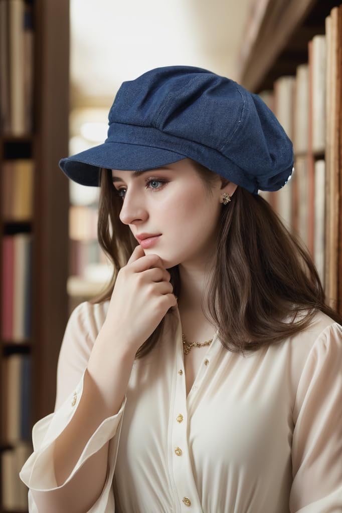 BEYLRZID Womenâ€™s Newsboy Cap Summer Beret Cap- 100% Cotton 8 Panels Vintage Cabbie Hat- Octagonal Visor Cap for Women Girls Ladies Gift Denim - Image 4