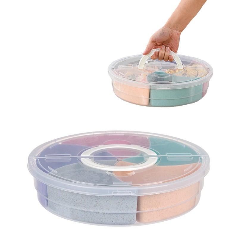 Mimeile Circle Fruit Tray Separable Snacks Bowl Nut Food Candy Picnic Salad Storage Containers Plastic Platter Divided Serving Tray Portable 5 Compartments with Lid