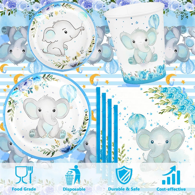 Resflyar 81 PCS Elephant Party Tableware Supplies  Disposable Blue Plates Cups Napkins Tablecloth  Elephant Theme Dinnerware Set for Graduation  Anniversary  Baby Shower  Birthday Decorations  Serves 20 Guests - Image 3