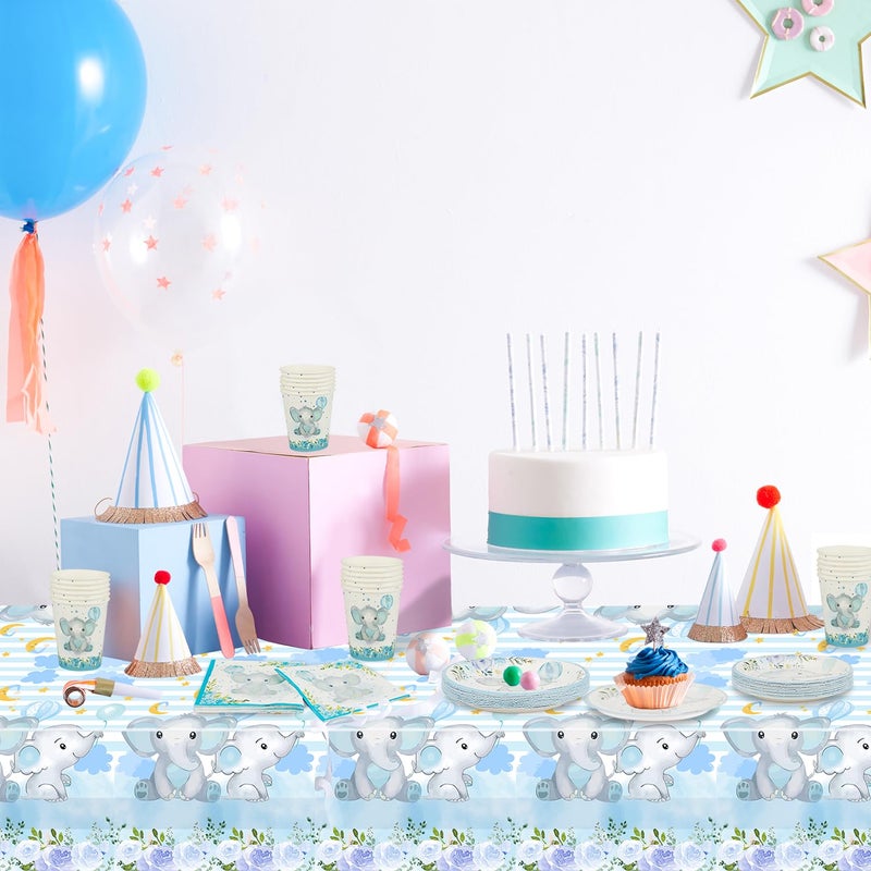 Resflyar 81 PCS Elephant Party Tableware Supplies  Disposable Blue Plates Cups Napkins Tablecloth  Elephant Theme Dinnerware Set for Graduation  Anniversary  Baby Shower  Birthday Decorations  Serves 20 Guests - Image 4