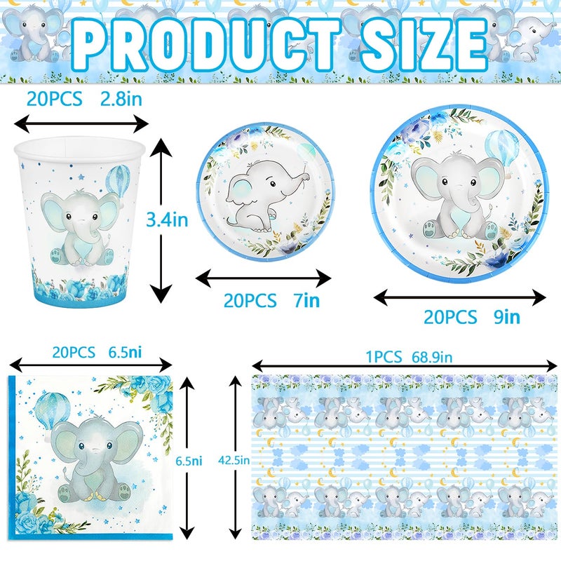 Resflyar 81 PCS Elephant Party Tableware Supplies  Disposable Blue Plates Cups Napkins Tablecloth  Elephant Theme Dinnerware Set for Graduation  Anniversary  Baby Shower  Birthday Decorations  Serves 20 Guests - Image 1