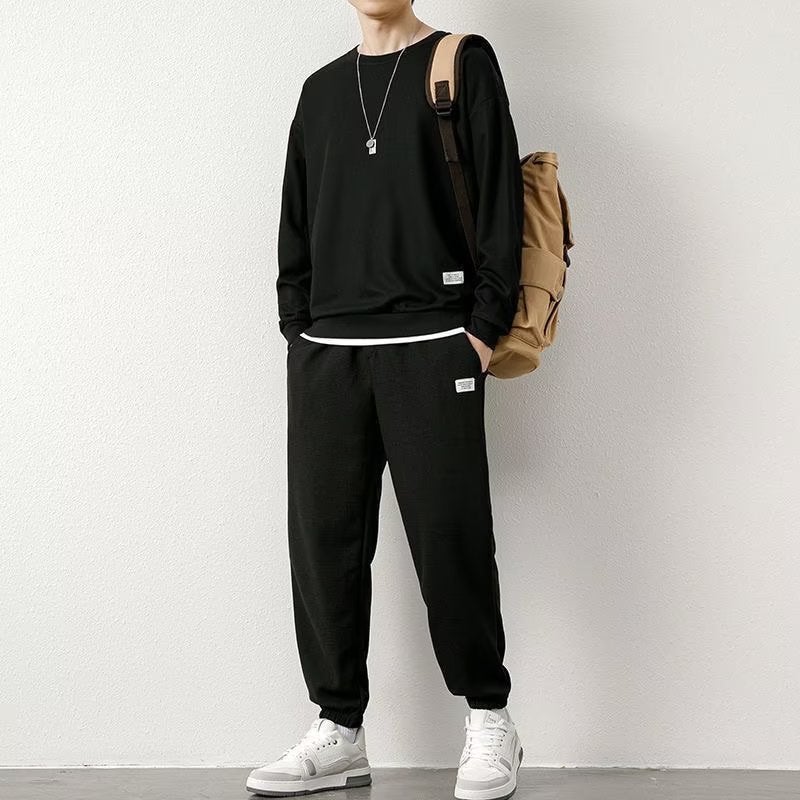 Generic 2023 new casual sports sweater suit mens autumn and winter New Hong Kong style loose waffle round neck sweater White - Image 2