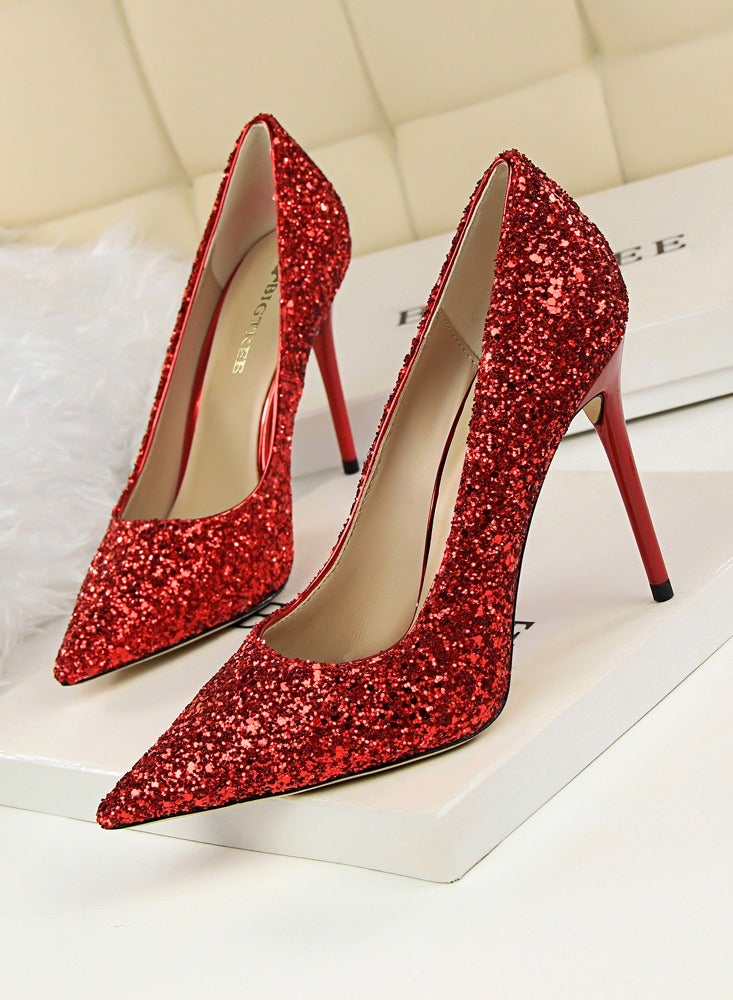 BIGTREE Women's Shiny Sequins Fashionable Stiletto Pumps 9.5 cm Elegant Gorgeous Closed Pointed Toe Slip On Solid High Heels Red - Image 1