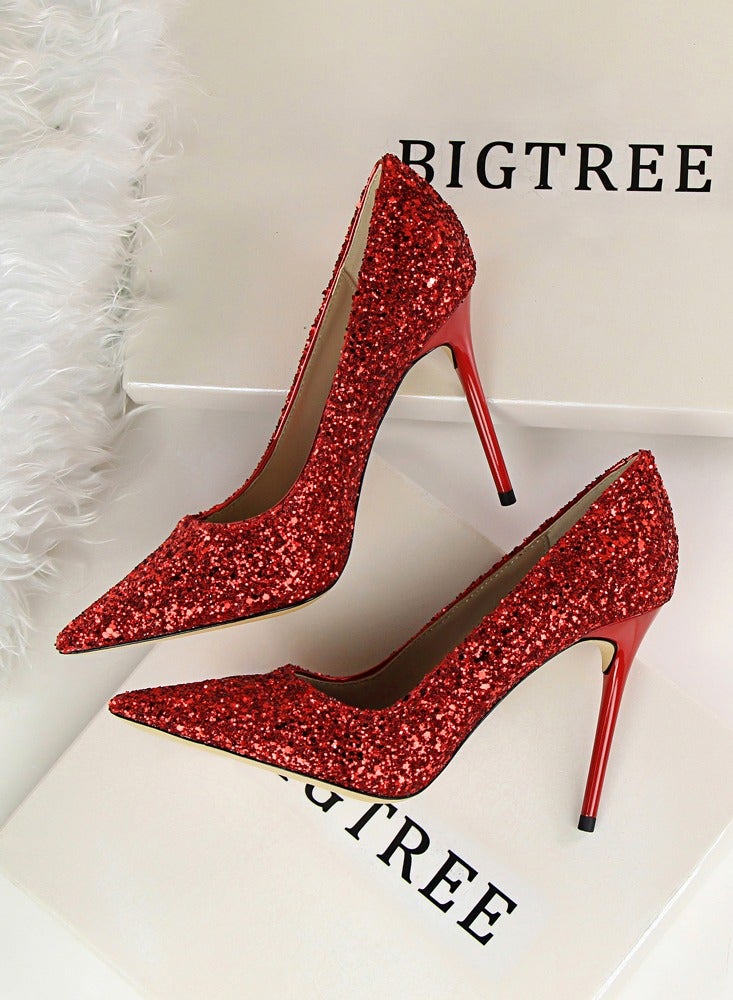 BIGTREE Women's Shiny Sequins Fashionable Stiletto Pumps 9.5 cm Elegant Gorgeous Closed Pointed Toe Slip On Solid High Heels Red - Image 3