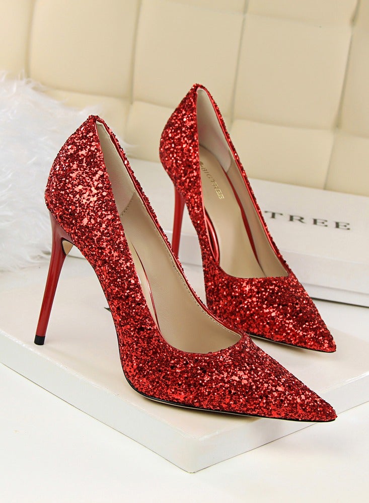 BIGTREE Women's Shiny Sequins Fashionable Stiletto Pumps 9.5 cm Elegant Gorgeous Closed Pointed Toe Slip On Solid High Heels Red - Image 2