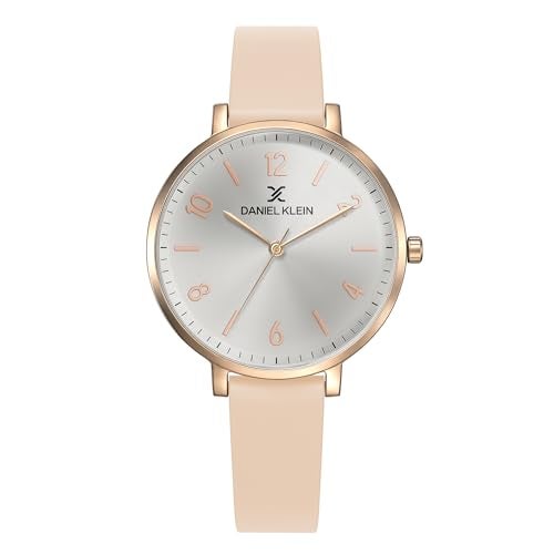 Daniel Klein Analog Silver Round Dial Rose Gold Case Beige Leather Strap Water-Resistant Wrist Watch for Women Girls, Ladies DK11983-6 - Image 1