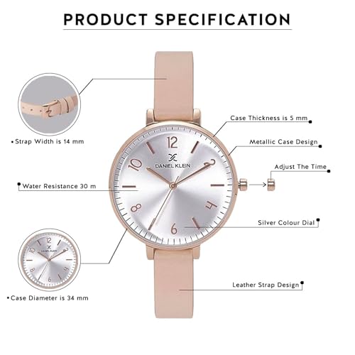 Daniel Klein Analog Silver Round Dial Rose Gold Case Beige Leather Strap Water-Resistant Wrist Watch for Women Girls, Ladies DK11983-6 - Image 5