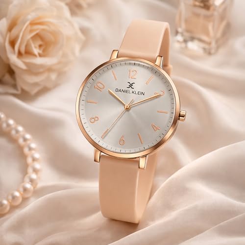 Daniel Klein Analog Silver Round Dial Rose Gold Case Beige Leather Strap Water-Resistant Wrist Watch for Women Girls, Ladies DK11983-6 - Image 2
