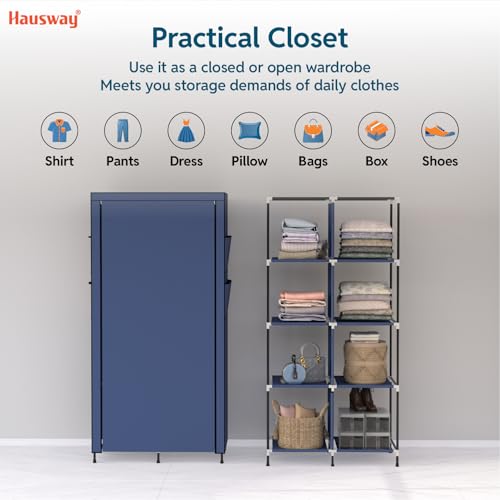HAUSWAY Wardrobe for Bedroom | Foldable Almirah for Clothes Metal | 2-Door 8-Shelf Collapsible Storage Rack & Organizer | Navy Blue - Image 3
