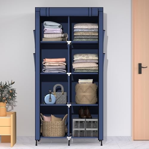 HAUSWAY Wardrobe for Bedroom | Foldable Almirah for Clothes Metal | 2-Door 8-Shelf Collapsible Storage Rack & Organizer | Navy Blue - Image 1