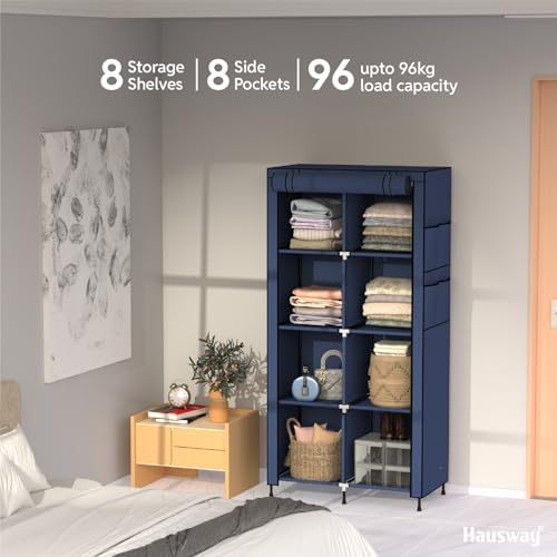 HAUSWAY Wardrobe for Bedroom | Foldable Almirah for Clothes Metal | 2-Door 8-Shelf Collapsible Storage Rack & Organizer | Navy Blue - Image 2