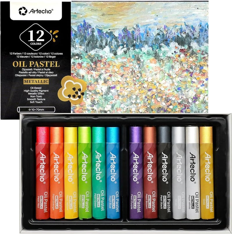 Artecho Metallic Oil Pastels Set of 12 Colors, Soft Oil Pastels for Art Painting, Drawing, Blending (10 x 70 mm) - Image 1