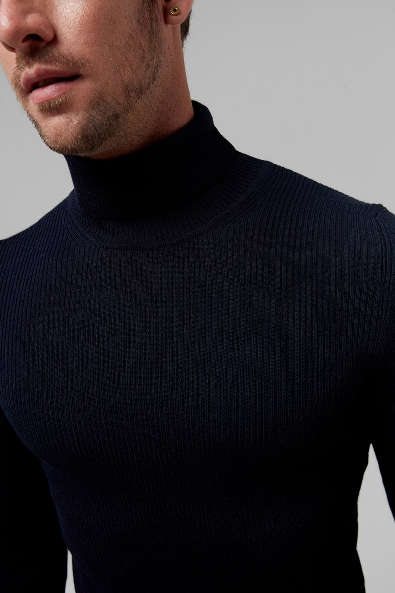twn Slim Fit Navy Blue Rib Knitted Sweater 9EC060631764M  - Image 2