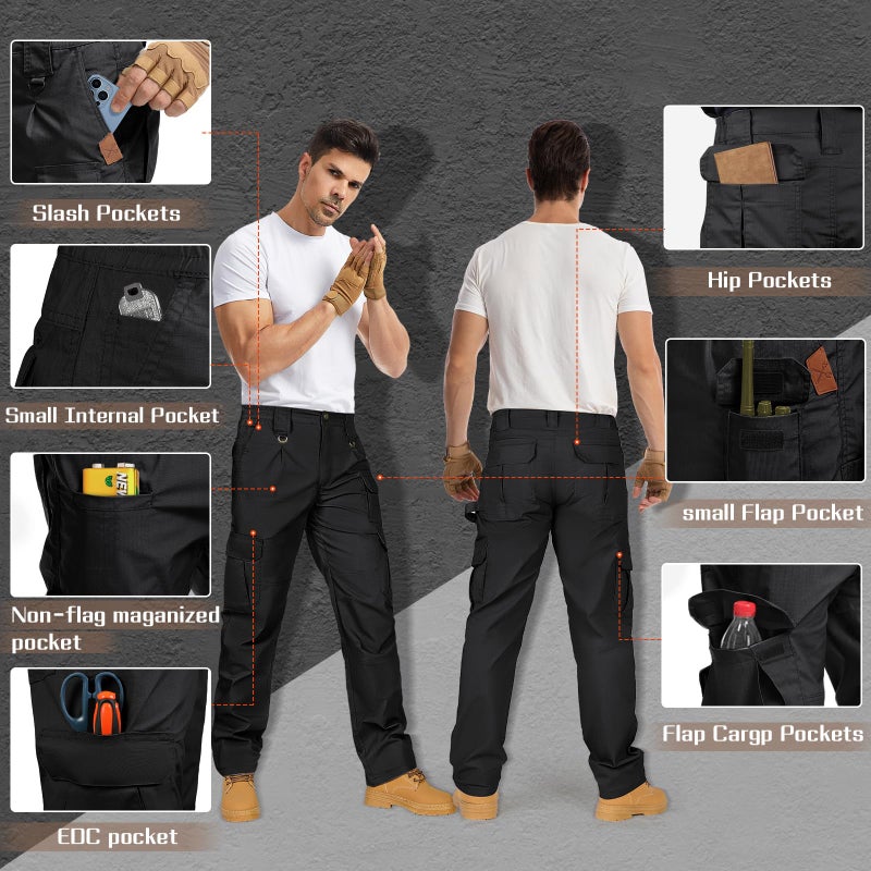 IGOLUMON Men's StretchTactical Pants, Breathable Ripstop Cargo Pants, Outdoor Lightweight EDC Work Hiking Pants, Durable Casual Trousers Black - Image 4