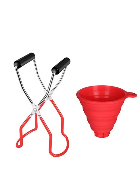 Canning Jar Lifter, Nonslip Handle Stainless Steel Tongs and Silicone Collapsible Funnel Foldable Large Canning Jar Funnel for Wide Mouth and Regular Jars for Home Kitchen