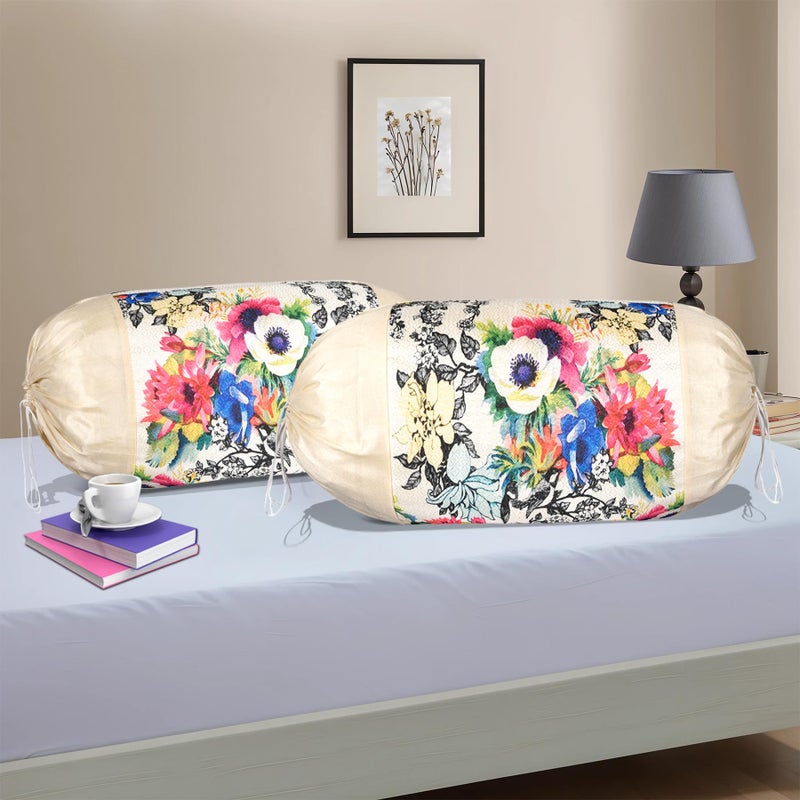 Kuber Industries Set of 2 Bolster/Side Pillow Cover | 16"x32" Cylindrical Masland/Masand Long Pillow Cover For Diwan Pillows | Mix Flower-Cream - Image 1